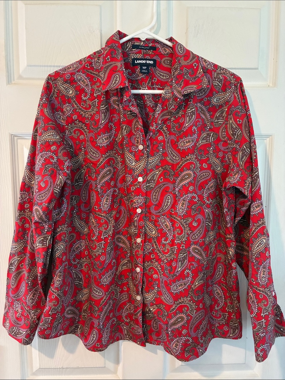 Lands' End Size 16 P  Red Paisley Long-Sleeve Button-Down Shirt